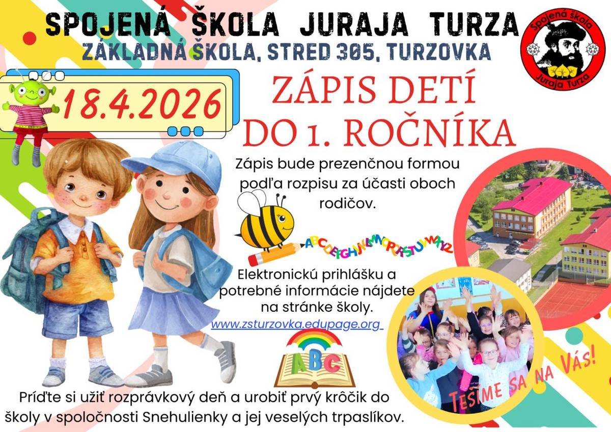 Milí rodičia, dávame Vám do pozornosti prihlasovanie Vašich detí do Spojenej školy Juraja Turza prostredníctvom prihlášky, ktorá sa nachádza na stránke našej školy a zároveň e-prihlášky, ktoré je na stránke Verejnej správy SR.  Každé dieťa musí mať vypísané obidve prihlášky.