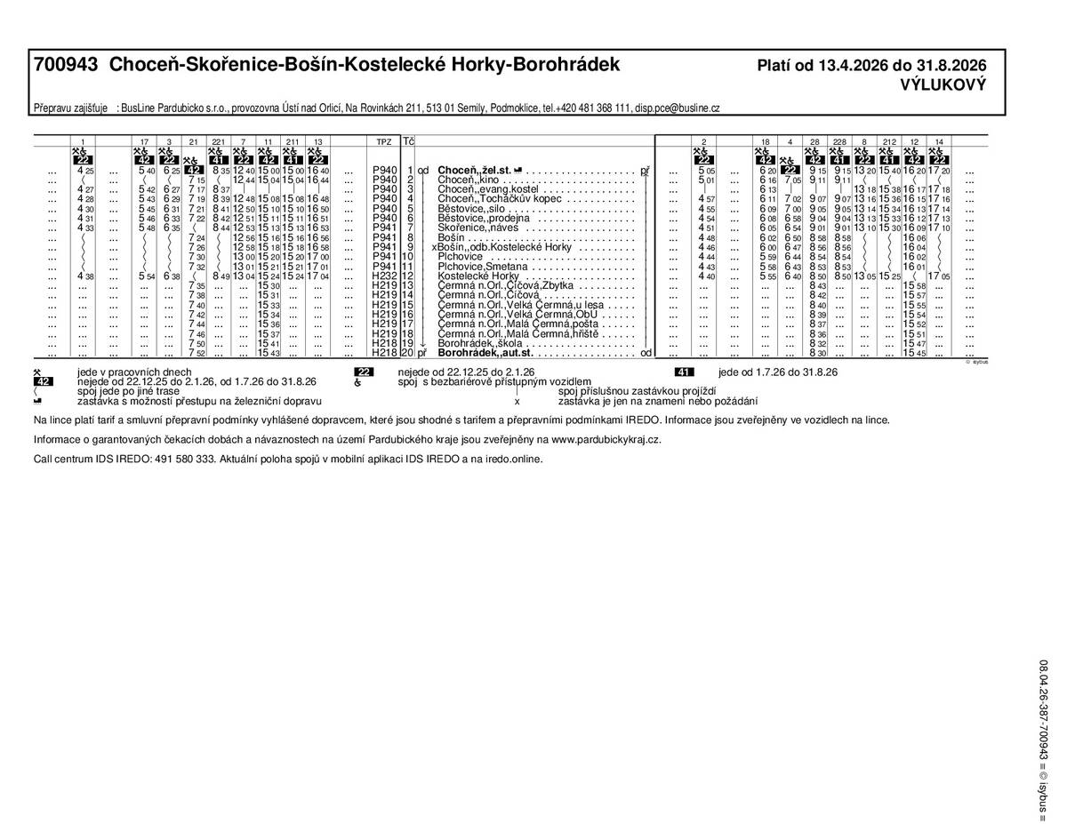 Vážení, od pondělí 13. 4. 2026 bude zahájena rekonstrukce terminálu Choceň,,kino. Ten bude po dobu uzavírky přemístěn do Jungmannovy ulice. Předpokládaná doba trvání rekonstrukce je do konce srpna. Vzhledem k omezenému prostoru v dočasné lokalitě budou některé spoje linek 222 a 943 odkloněny mimo tuto zastávku. U linky 943 dojde navíc k drobnému časovému posunu některých spojů - viz níže. Výlukové jízdní řády v příloze.   Linka 222 Tři spoje ve směru do Chocně zastaví místo kina na zastávce Evangelický kostel. Konkrétně spoje v 6:19, 7:21 a 13:19.   Linka 943 Spoj č. 17 zastaví místo kina na zastávce Evangelický kostel. Spoj č. 7 pojede o 5 minut dříve (12:40 z Chocně). Spoj č. 13 pojede o 10 minut dříve (16:40 z Chocně). Spoj č. 8 pojede o 5 minut dříve (13:05 z Kosteleckých Horek) a místo kina zastaví na zastávce Evangelický kostel. Spoj č. 14 pojede o 10 minut dříve (17:05 z Kosteleckých Horek) a místo kina pojede k železniční stanici.