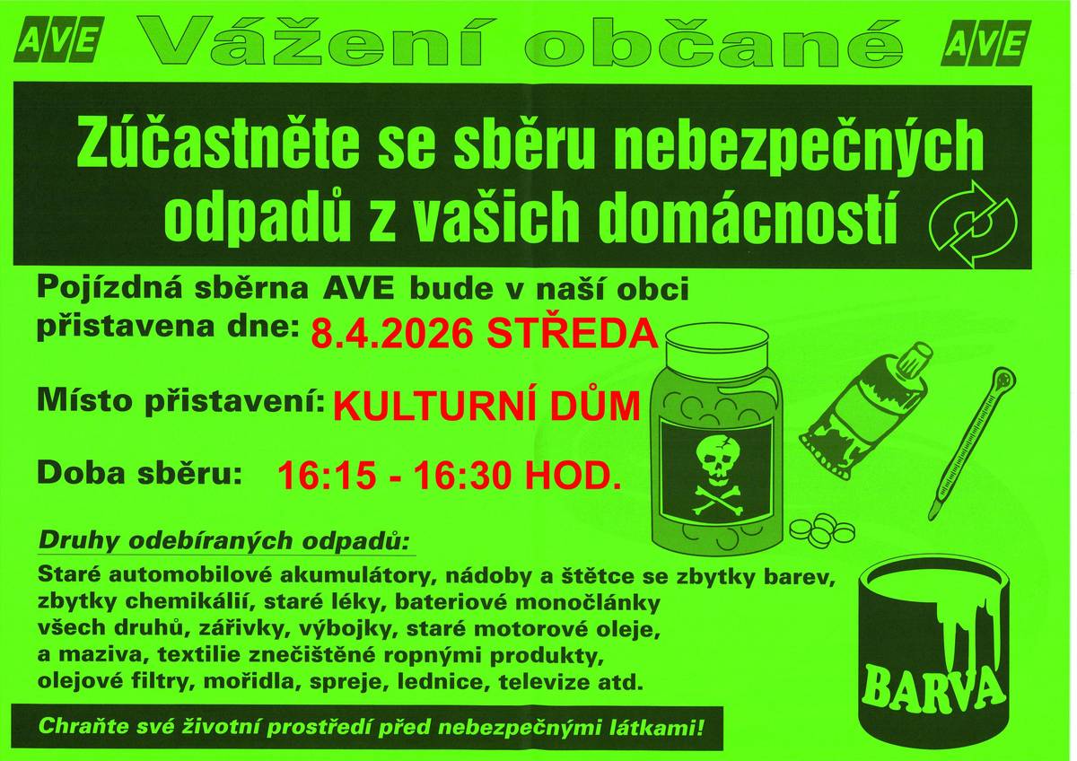 Připomínáme, dnes tj. ve středu 8.4.2026 v čase od 16:15 do 16:30 hod. proběhně sběr nebezpečného odpadu před kulturním domem.