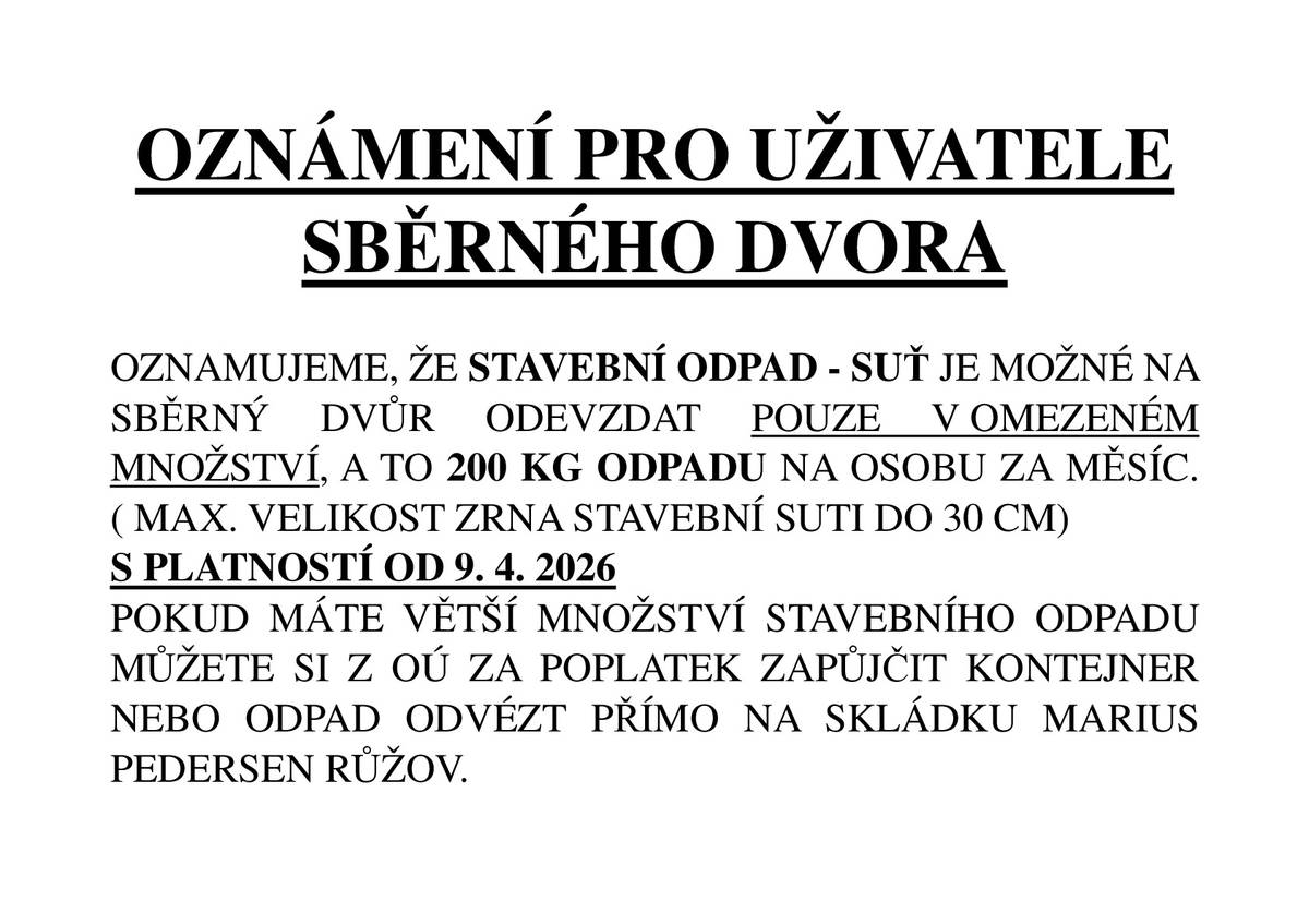 Oznámení Sběrný dvůr - stavební odpad