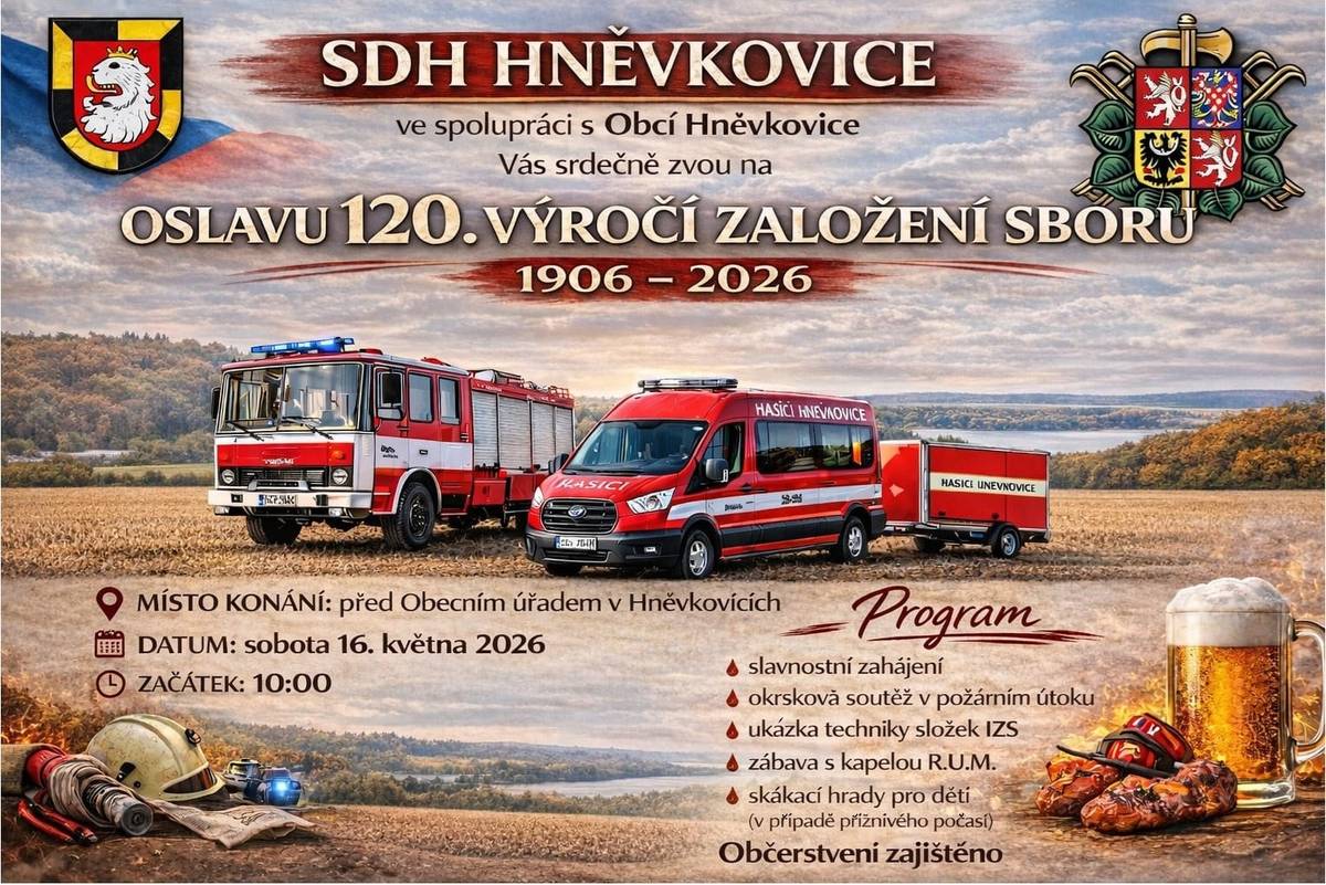 SDH Hněvkovice ve spolupráci s Obcí Hněvkovice vás srdečně zve na Oslavu 120. výročí založení sboru. Místo konání: plocha před Obecním úřadem v Hněvkovicích  Datum: 16. května 2026 Začátek: 10:00