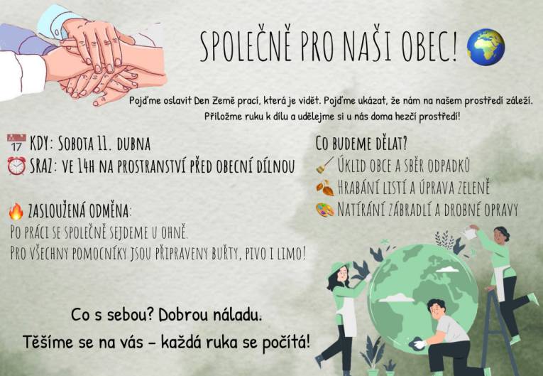 Připomínáme, že tuto sobotu 11. dubna 2026 od 14:00 proběhne společná brigáda v naší obci. Sraz je před kotelnou. Po skončení bude připraveno občerstvení. Těšíme se na vaši účast.