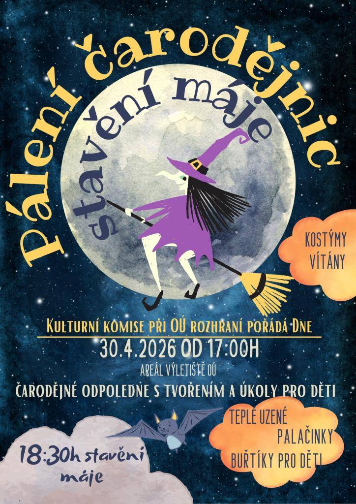Kulturní komise pořádá dne 30. 4. od 17.00 na výletišti u obecního úřadu pálení čarodějnic a stavění máje. Čeká Vás odpoledne s úkoly a tvořením pro děti a od 18.30 stavění májky. Občerstvení (teplé uzené, palačinky a pro děti buřty) zajištěno!