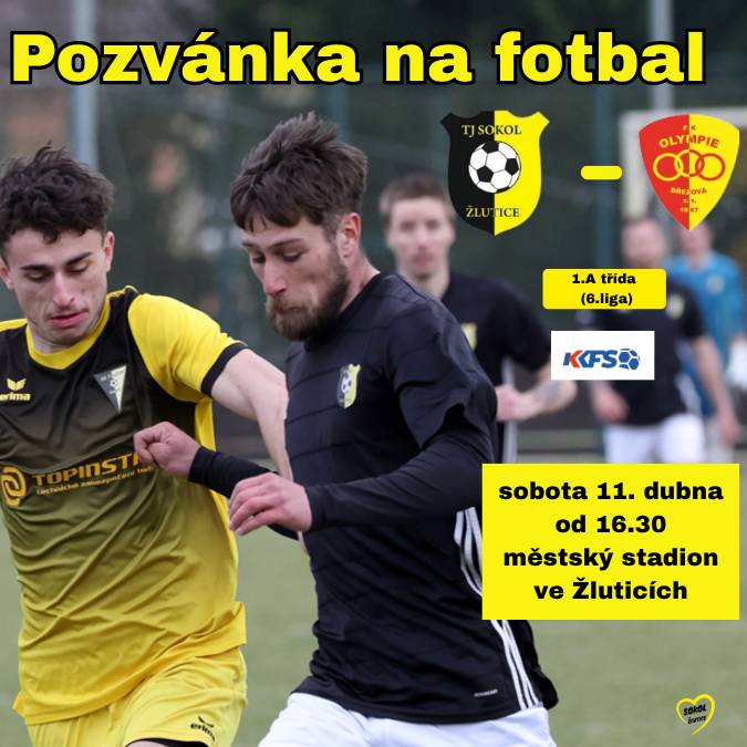 Fotbalový klub TJ Sokol Žlutice zve všechny fanoušky na domácí mistrovské utkání proti týmu FK Olympie Březová B. Odehraje se v sobotu 11. dubna 2026 od 16.30 h. na městském stadionu ve Žluticích.