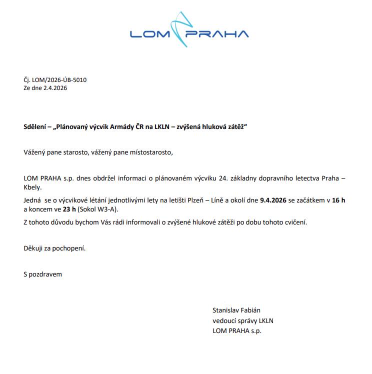 Výcvikové létání jednotlivými lety na letišti Plzeň – Líně se bude konat dne 9.4.2026 od 16:00 do 23:00.