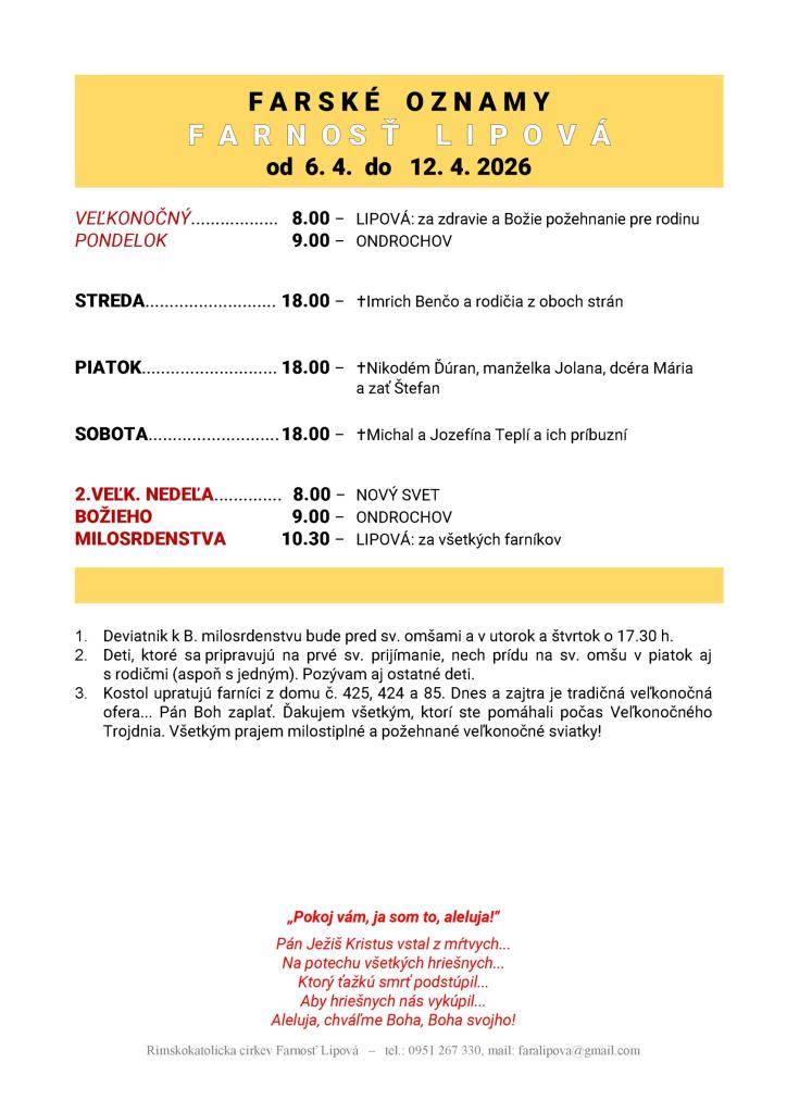 Poriadok bohoslužieb od 06.04. do 12.04.2026