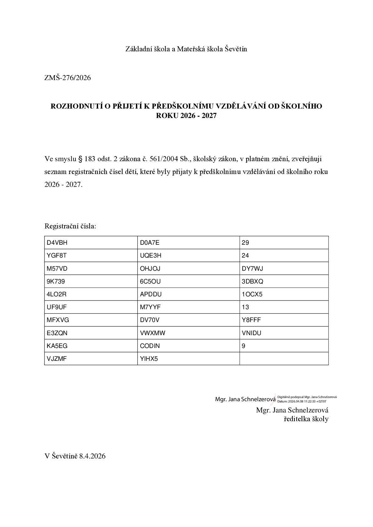 Na úřední desce městyse Ševětín byla zveřejněna informace Rozhodnutí o přijetí žáků k předškolnímu vzdělávání od školního roku 2026-2027, viz příloha.