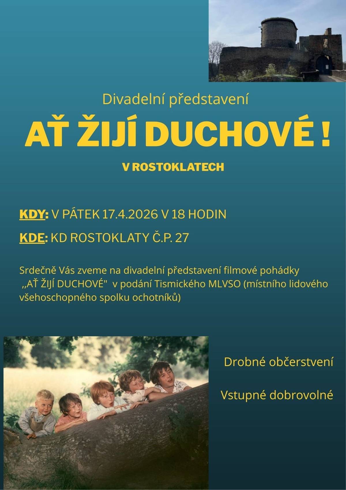 Patek 17.4.2026 od 18 hodin v Kulturním domě Rostoklaty.