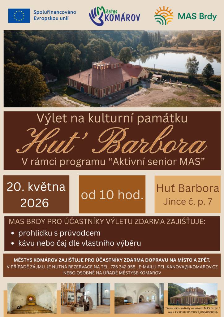 Ve středu 20.5.2026 se uskuteční výlet na kulturní památku v rámci programu „Aktivní senior MAS“. Účastníci se mohou těšit na prohlídku s průvodcem a zdarma dostanou kávu nebo čaj dle vlastního výběru. Městys Komárov zajišťuje dopravu na místo a zpět. Pro zájemce je nutná rezervace.