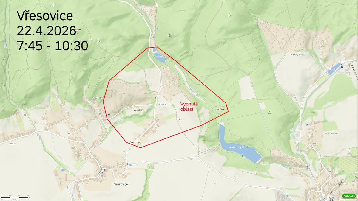 Dne 22. dubna 2026 dojde k přerušení dodávky elektrické energie od 07:45 do 10:30 v části obce Stéblová, chatová oblast, Paseky.