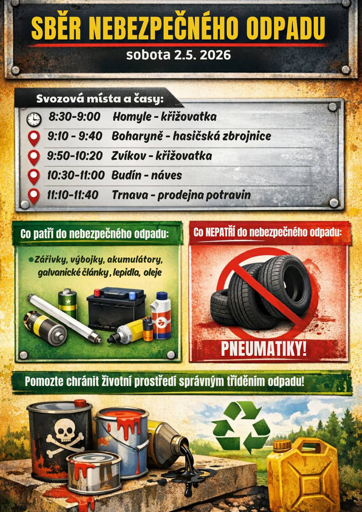 Sběr nebezpečného odpadu proběhne v sobotu 2. května. Rozpis sběru v jednotlivých obcích naleznete v letáčku.