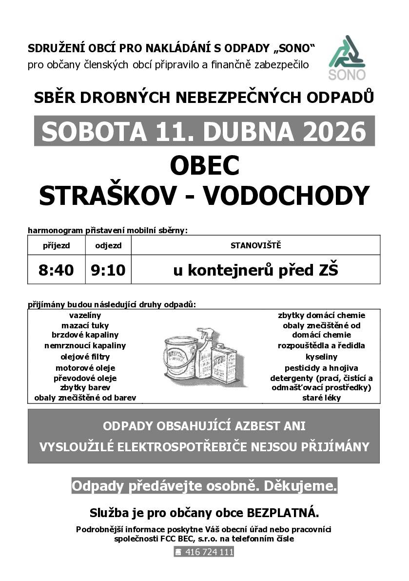 V sobotu 11. dubna 2026 se v obci Straškov - Vodochody uskuteční sběr drobných nebezpečných odpadů. Akce je organizována sdružením obcí „SONO“ a je určena pro občany členských obcí. Mobilní sběrna bude přistavena před základní školou od 8:40 do 9:10 a občané mohou odevzdat různé druhy nebezpečných odpadů, jako jsou domácí chemie, motorové oleje či staré léky.