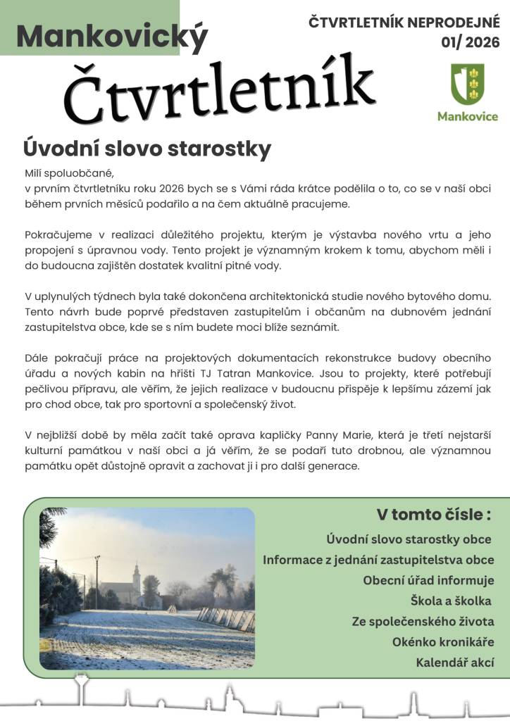 Novinky a dění v obci, spolky a další informace.