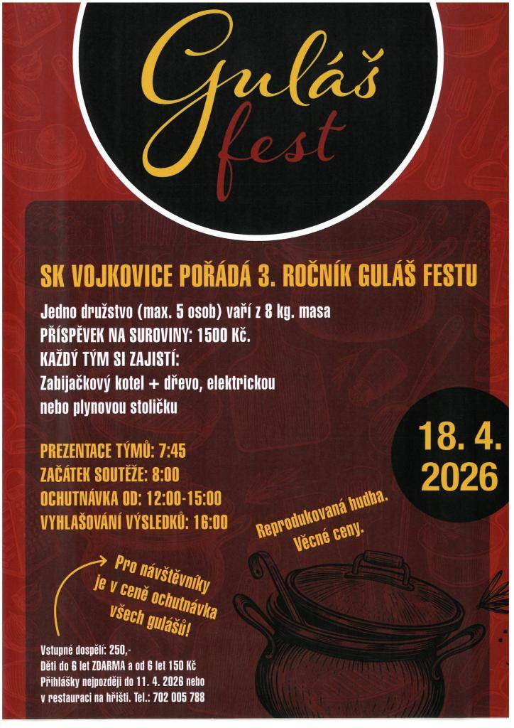 SK Vojkovice pořádá 3. ročník GULÁŠ FESTU - 18. 4. 2026.