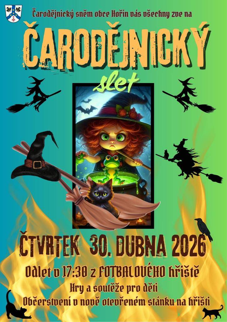 Čarodějnický sněm obce Hořín vás všechny zve na ČARODĚJNICKÝ SLET. Odlet bude v 17:30 z fotbalového hřiště. Hry a soutěže pro děti. Občerstvení v nově otevřeném stánku na hřišti.