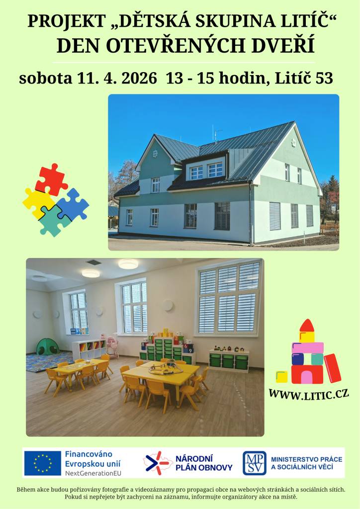 Srdečně zve všechny občany na slavnostní Den otevřených dveří, kde vám poprvé představíme nově vybudované prostory Dětské skupiny Litíč. Přijďte se podívat, jak jsme proměnili budovu bývalého hostince v moderní a bezpečné místo pro ty nejmenší.  Kdy: 11. 4. 2026 od 13 do 15 hodi