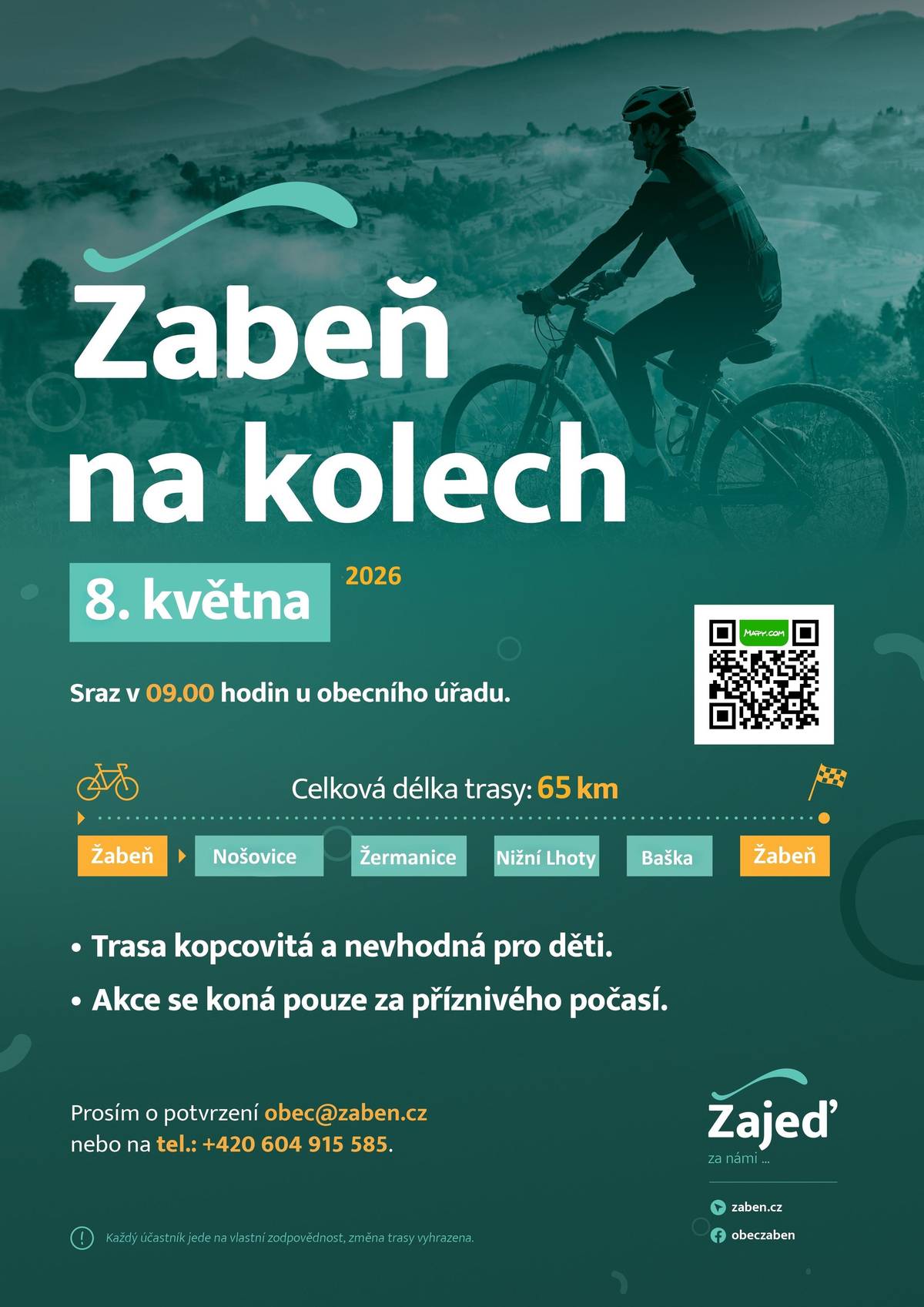 Srdečně vás zveme na cyklo zájezd, který se uskuteční 8. května 2026. 📍 Sraz: v 9:00 hodin u obecního úřadu 📏 Délka trasy: 65 km 📍Trasa: https://mapy.com/s/botajumoro Přijďte si užít společnou vyjížďku, krásnou přírodu a příjemnou atmosféru. Nezapomeňte na dobrou náladua a vhodné oblečení. Každý účastní jede na vlastní zodpovědnost, změna trasy vyhrazena. Těšíme se na vás!