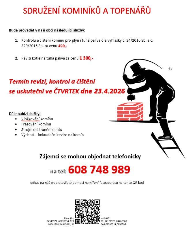 Sdružení kominíků a topenářů přijede do naší obce 23.4.