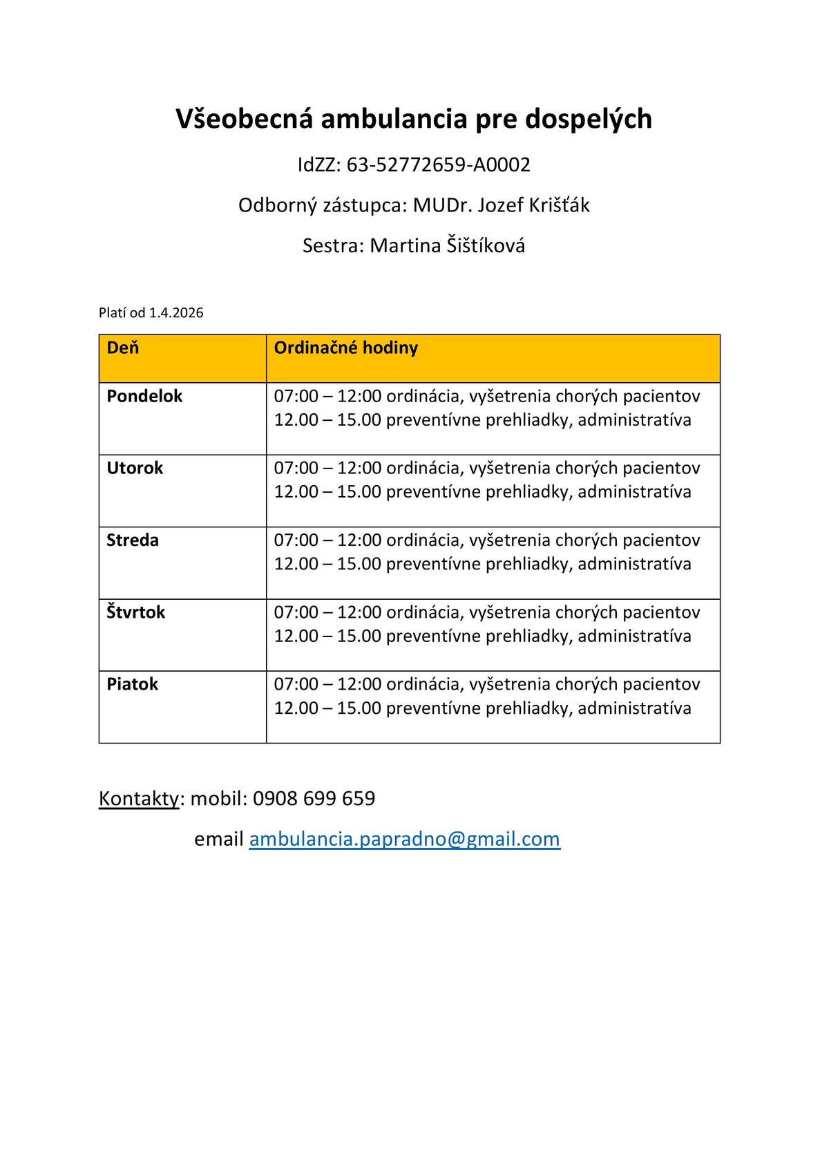 Od 1.4.2026 sa menia ordinačné hodiny u všeobecného lekára v Papradne. Ordinácia každý deň je od 7.00 do 12.00 preventívne prehliadky a administrácia od 12.00 do 15.00