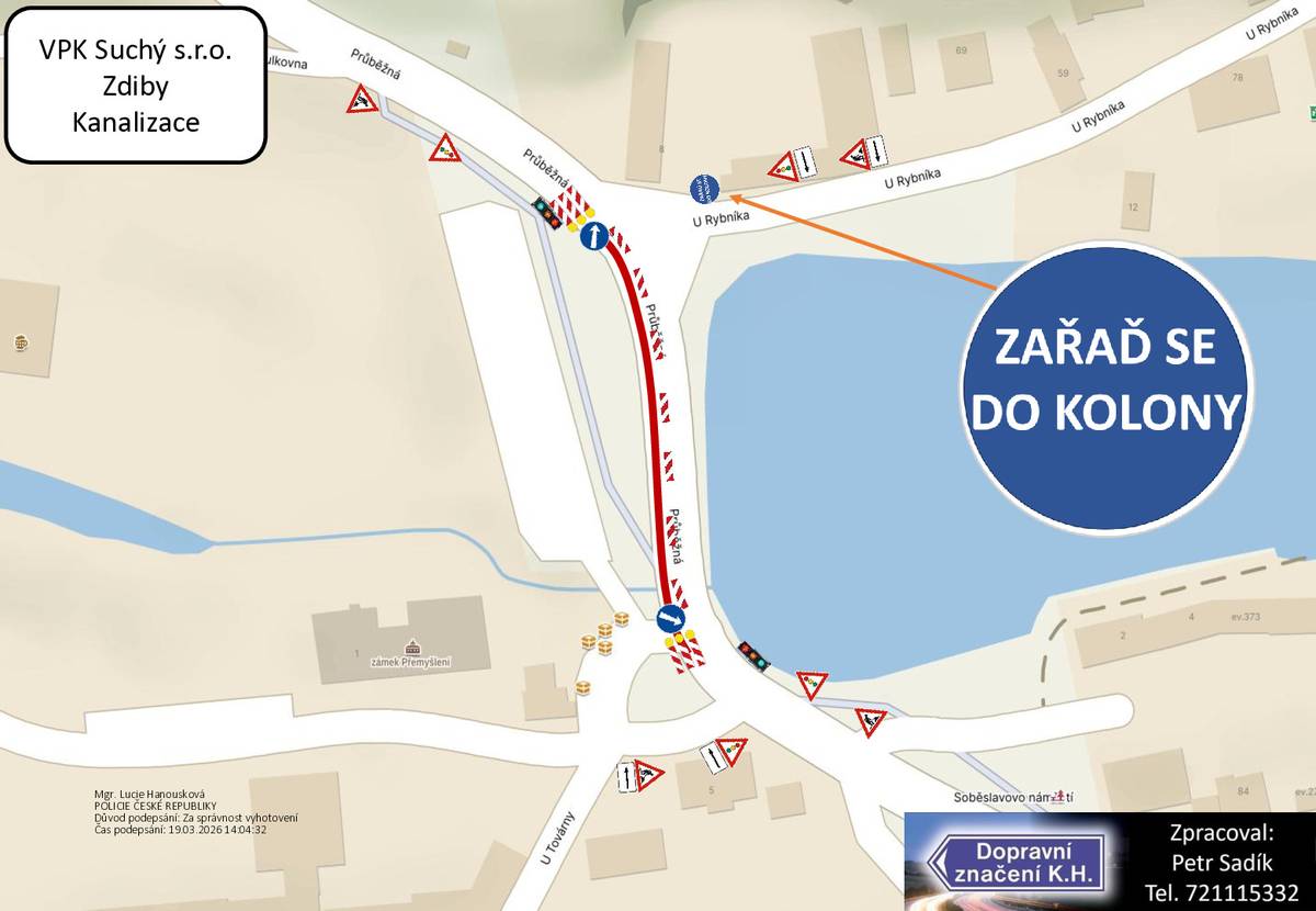 Vážení spoluobčané,  od 20.04.2026 do 17.06.2026 dojde k omezení dopravy ve Zdibech, ul. Půběžná u Přemyšlenského rybníku (viz.mapa) Provoz bude řízen semafory.  Hezký dne OÚ Větrušice