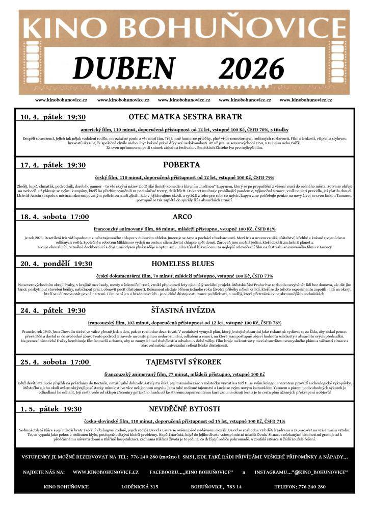 Kino Bohuňovice připravilo bohatý program filmových projekcí na měsíc duben 2026.