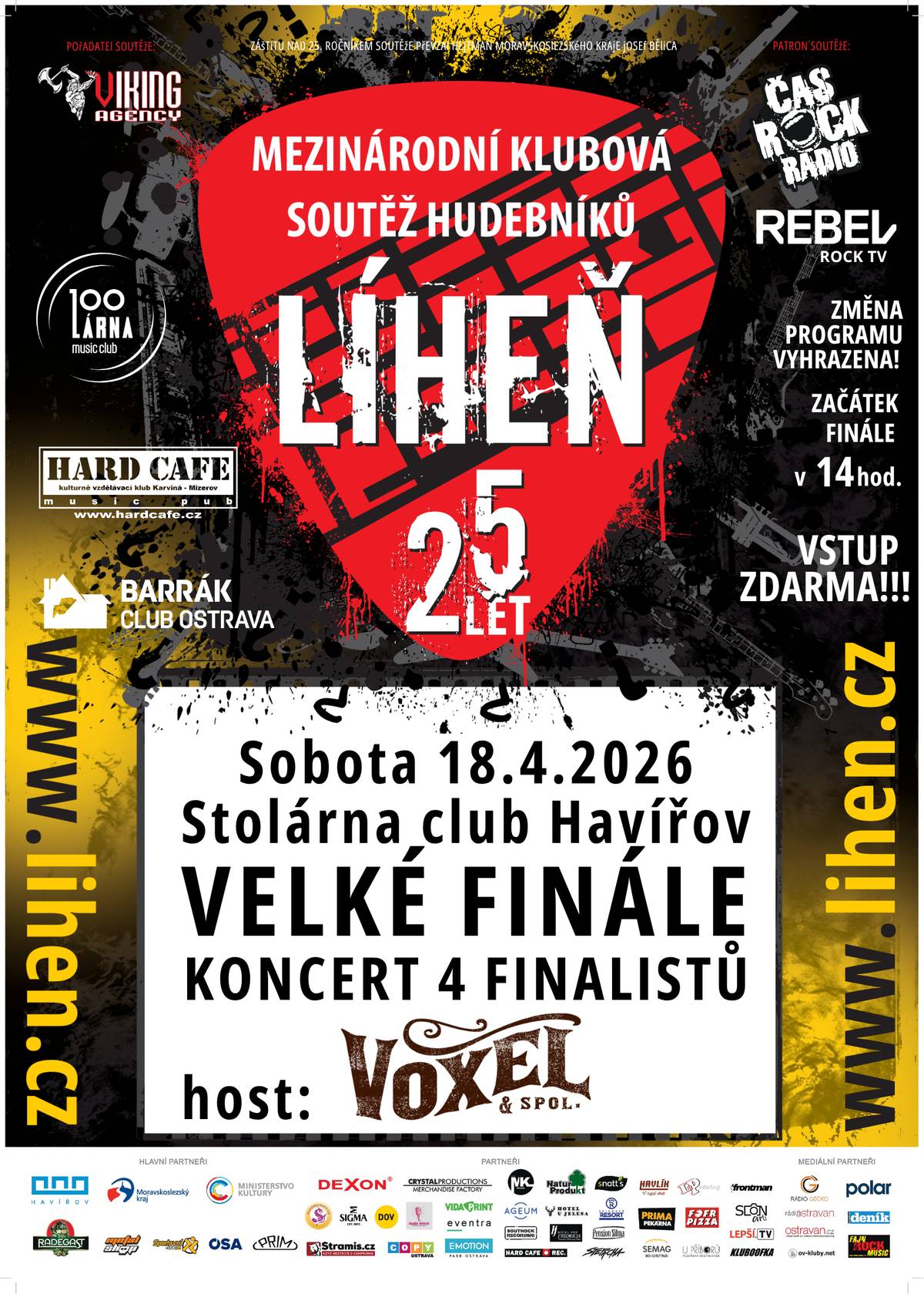 Finále hudební soutěže Líheň se uskuteční v sobotu 18. dubna 2026 od 14:00 hodin v klubu Stolárna v Havířově. Do finále se probojovaly 4 kapely z Česka, Slovenska a Polska: ACYLPYRIN (Bratislava – SK) Emberstoke (Krakow – PL) Hluchý Dovrat (Zlín – ČR) Monotype (Nitra – SK) Čeká tě mix stylů, jazyků a pořádná hudební energie! Jako host vystoupí kapela VOXEL & Spol. Vstup zdarma. Přijďte si užít velké finále a oslavu 25 let Líhně!