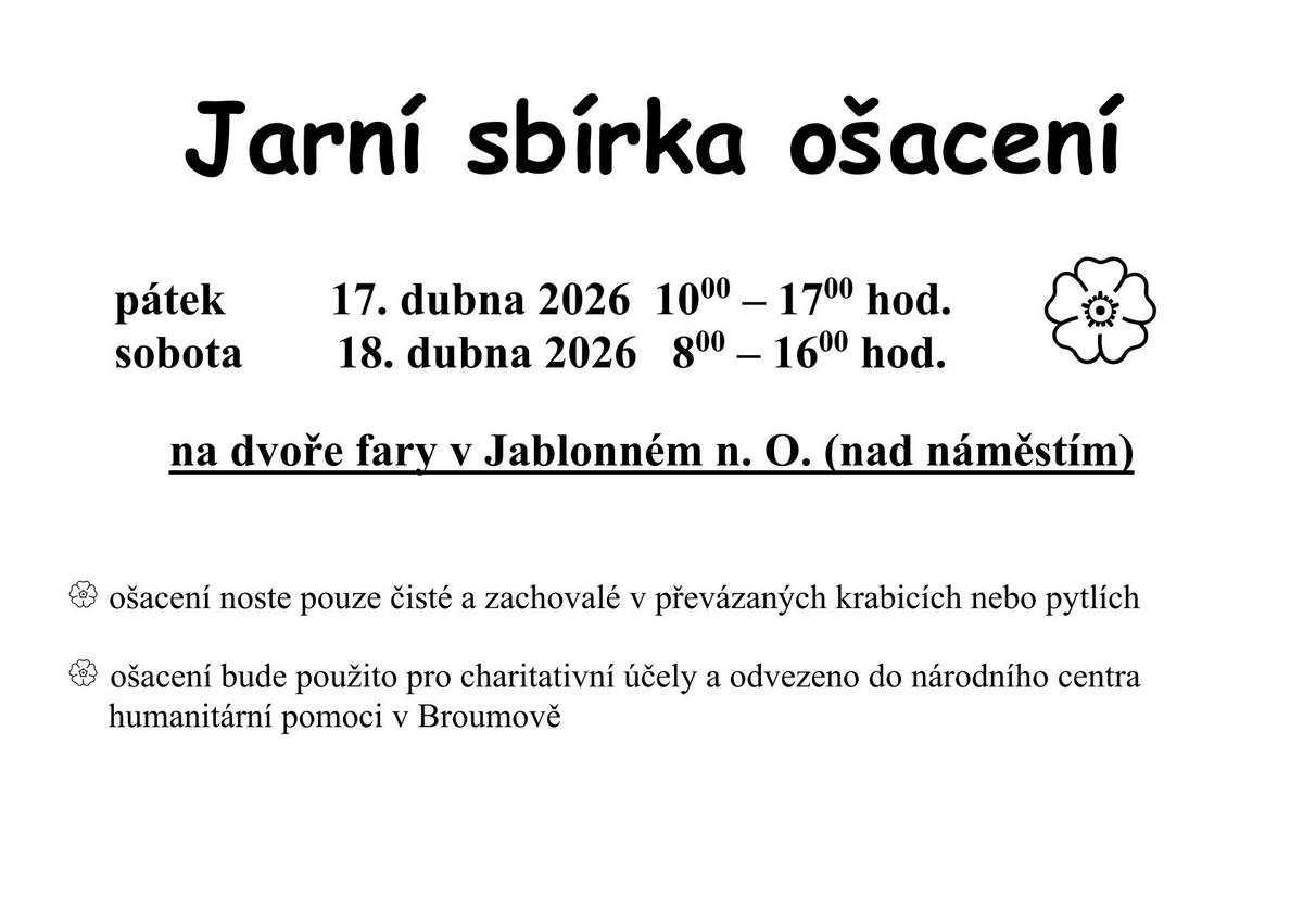 Máte doma po jarním úklidu oblečení, které již nevyužijete? Dejte mu další šanci na využití a přineste ho do sbírky! Koná se tradičně na dvoře fary, a to o příštím víkendu.