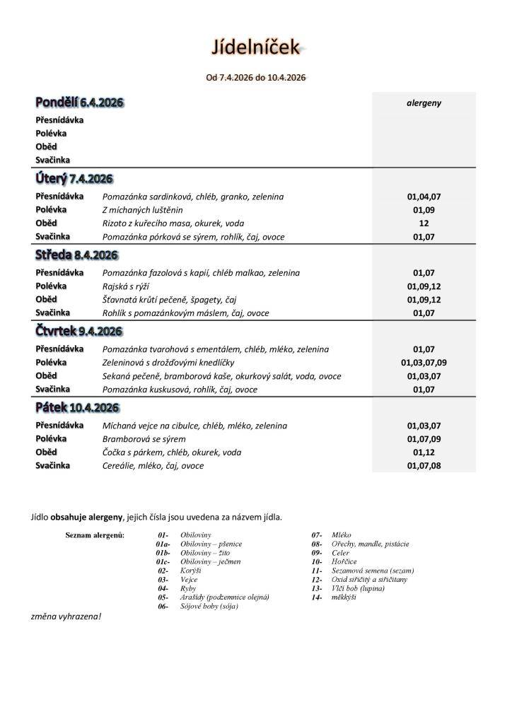 Jídelníček základní školy platný v týdnu od 6. do 10.4.2026