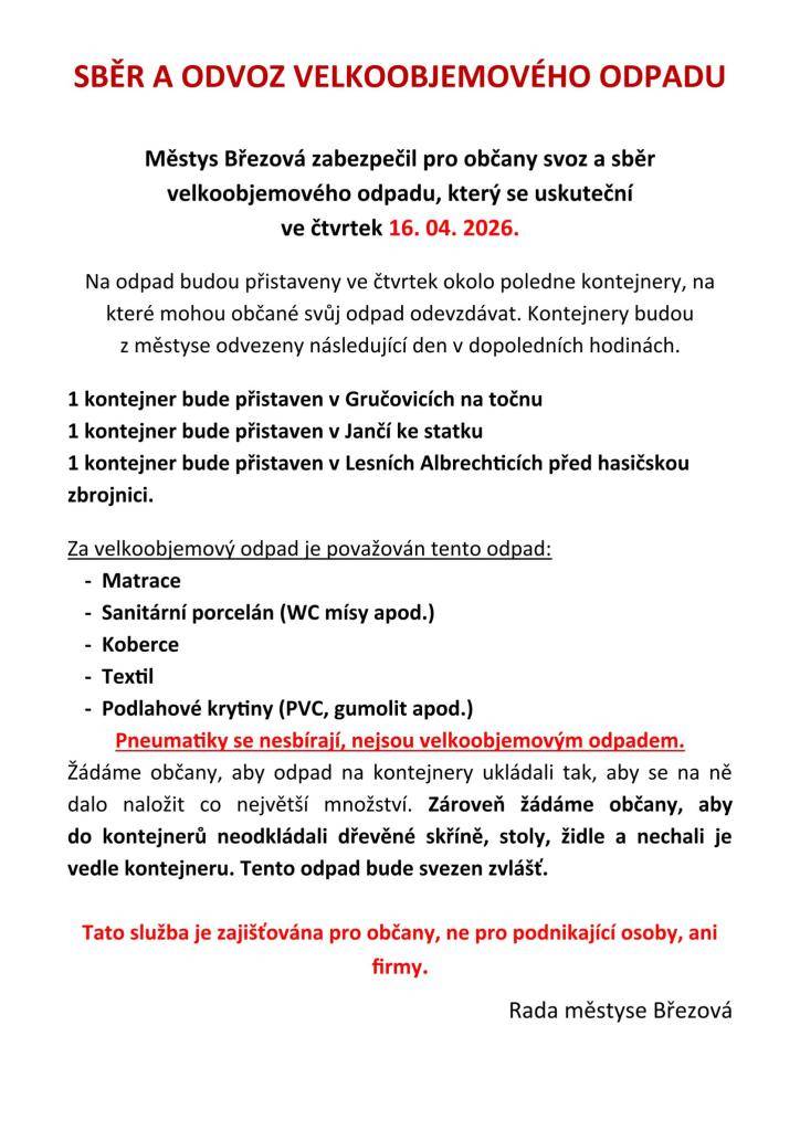Informace o sběru a odvozu velkoobjemového odpadu