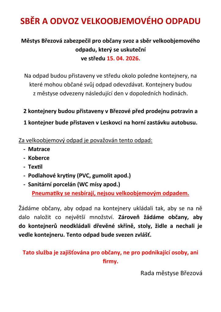 Informace o sběru a odvozu velkoobjemového odpadu