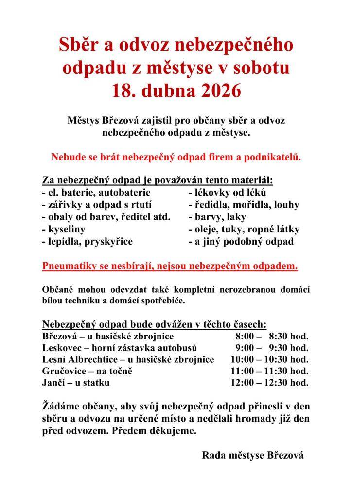 Informace o sběru a odvozu nebezpečného odpadu