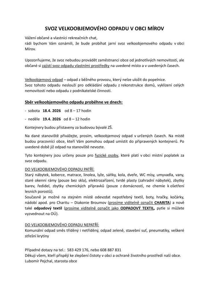 SVOZ VELKOOBJEMOVÉHO ODPADU V OBCI 2026