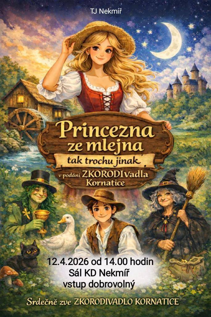 TJ Nekmíř pořádá dne 12.4.2026 od 14,00 v sále kulturního domu divadelní představení "Princezna ze mlejna"