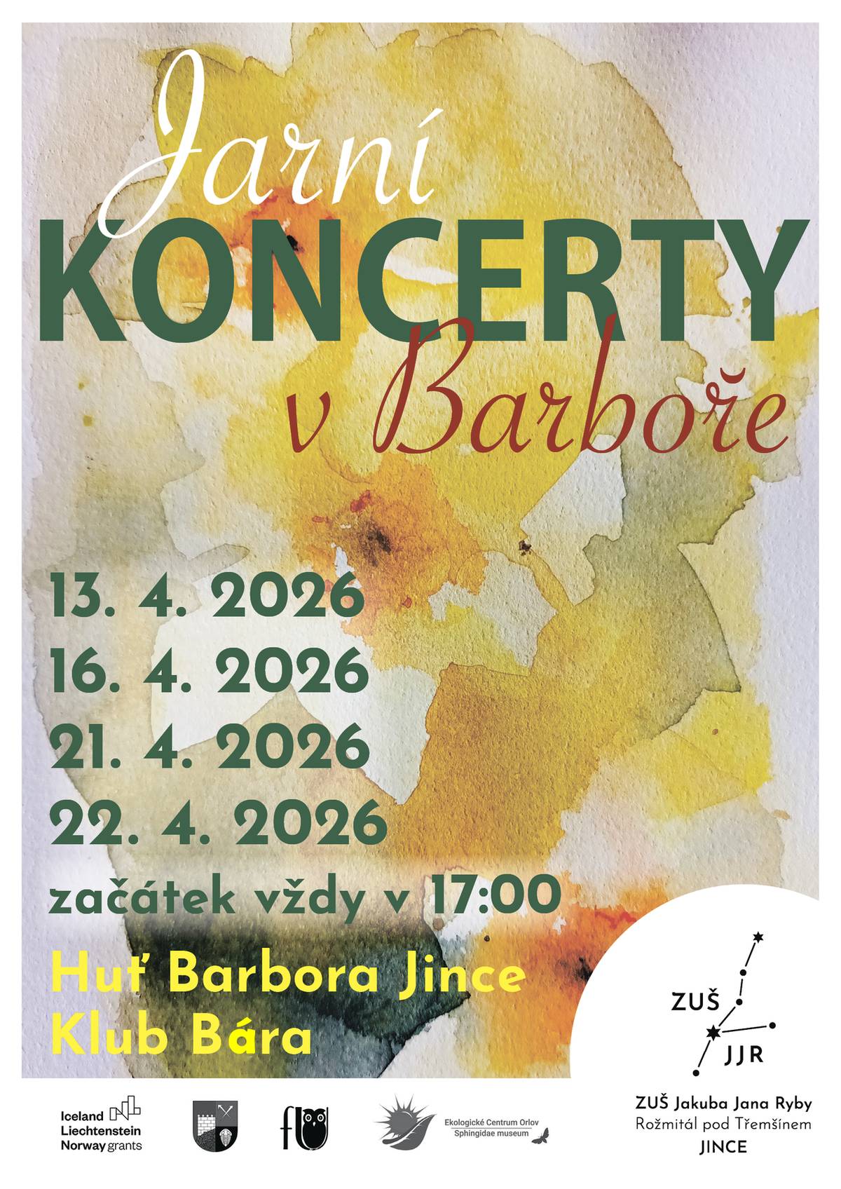 Jarní koncerty žáků jinecké pobočky ZUŠ se konají v huti Barbora - Klubu Bára ve dnech: 13. 4., 16. 4., 21. 4. a 22. 4., vždy od 17 hodin.