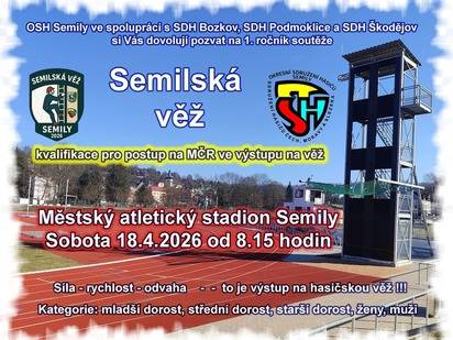 Díky novému stadionu v našem okresním městě  do Semil přichází nová sportovní disciplína hasičského sportu - výstup na věž. První závody s názvem Semilská věž se uskuteční 18. dubna tohoto roku. Jde o divácky atraktivní disciplínu a všichni jsou srdečně zváni.