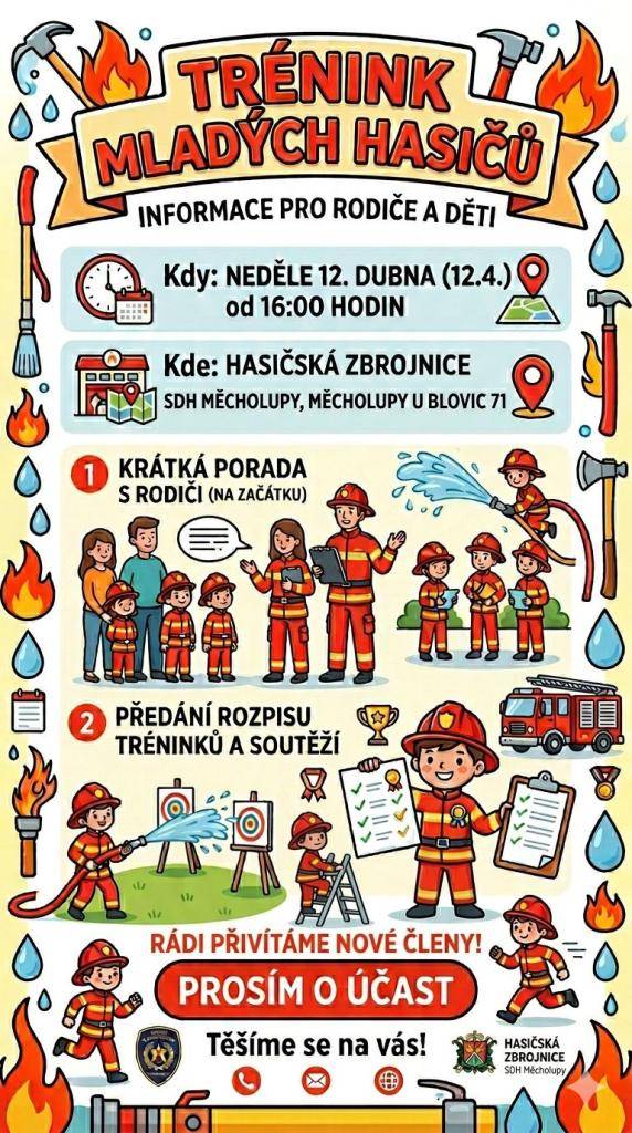 První letošní trénink proběhne v neděli 12. 4. od 16.00 hodin, těšíme se na viděnou s mladými hasiči a jejich rodiči. Zároveň mezi sebou rádi přivítáme nové členy.