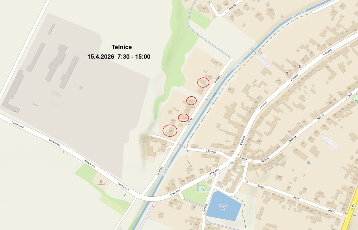 Z důvodu plánovaných prací na zařízení distribuční soustavy bude přerušena dodávka elektrické energie ve středu 15. dubna 2026 od 7:30 do 15:00 v ulici U Mlýna č.p. 471, 480, 564, k/969. Děkujeme za pochopení.