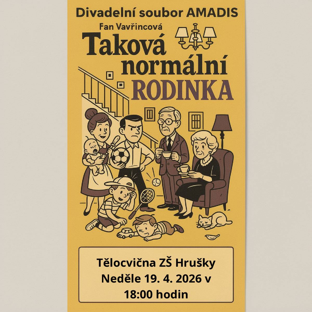 Drůbežárna PRACE oznamuje, že v sobotu 11. 04. 2026 v 11.15 hodin bude u prodejny Jednota prodávat mladé kuřice a kohouty, slepice po roce snášky za 140,- Kč, krmivo pro drůbež a králíky, vitamínové doplňky a dále pak vykupovat králičí kožky – cena 10,- Kč/ks.   TJ Sokol Hrušky Vás srdečně zve na mistrovské utkání, které společné mužstvo mužů Hrušek a Týnce sehraje proti Sokolu Velké Bílovice v neděli 12. 04. 2026 v 15.30 hodin na hřišti v Týnci.    Veterinární lékař MVDr. Vladimír Janoušek z Rakvic oznamuje, že v sobotu 11. 04. 2026 od 9.00 do 9.50 hodin bude na parkovišti u OÚ provádět vakcinaci psů a koček proti vzteklině. Očkovací průkazy přineste s sebou. Poplatek činí 250,- Kč na 3 roky.   Obec Hrušky a Divadelní soubor AMADIS Vás srdečně zvou na představení TAKOVÁ NORMÁLNÍ RODINKA, v neděli 19.04.2026 v 18.00 hodin v tělocvičně ZŠ Hrušky. Vstupné 100,- Kč, děti ZDARMA. Předprodej vstupenek na OÚ od pondělí 13. 04. 2026 do středy 15. 04. 2026 v úředních hodinách.