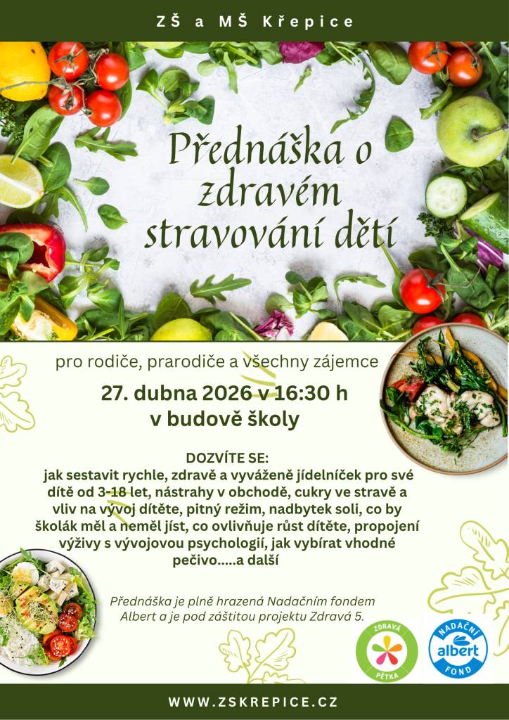 Zveme všechny rodiče, prarodiče a zájemce na přednášku o zdravém stravování dětí, která se uskuteční 27. dubna 2026 v 16:30 hodin v budově školy. Akce se zaměří na praktické tipy pro sestavení vyváženého jídelníčku a upozorní na důležité aspekty výživy a zdravého životního stylu pro děti a mladé lid