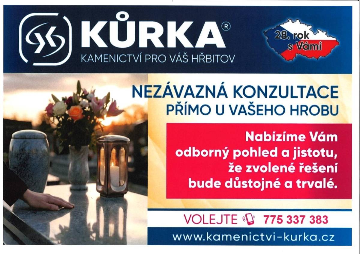 Kamenictví Kůrka přijede na místní hřbitov dne 15.4.2026 a 22.4.2026 v 11:30 - 11:50 hod. Přijímají objednávky přímo na hřbitově. Máte hrob, který potřebujete opravit, srovnat nebo obnovit povrch? Zvažujete nový hrob nebo zákrytovou desku?