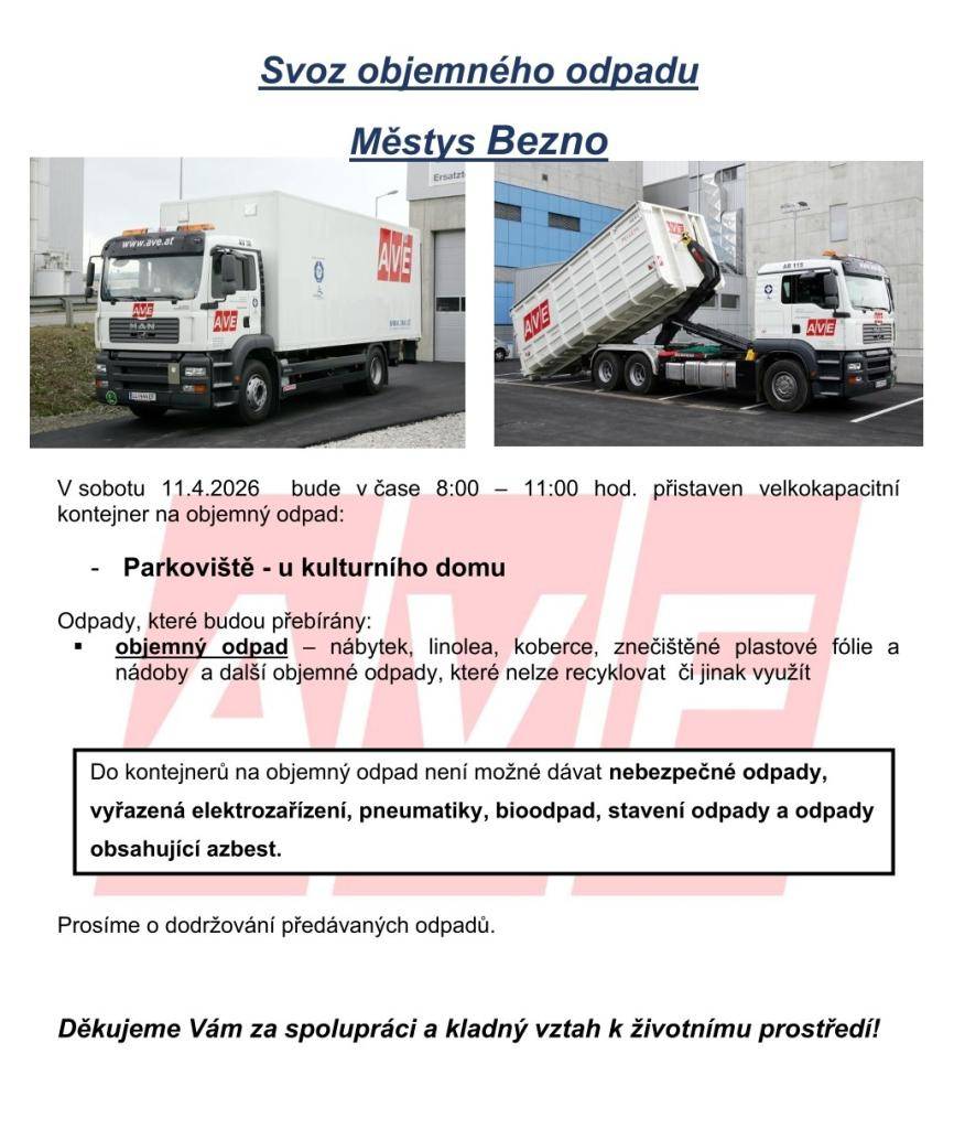 Svoz objemného odpadu - sobota 11.4.2026 od 08:00 do 11:00 u parkoviště kulturního domu.