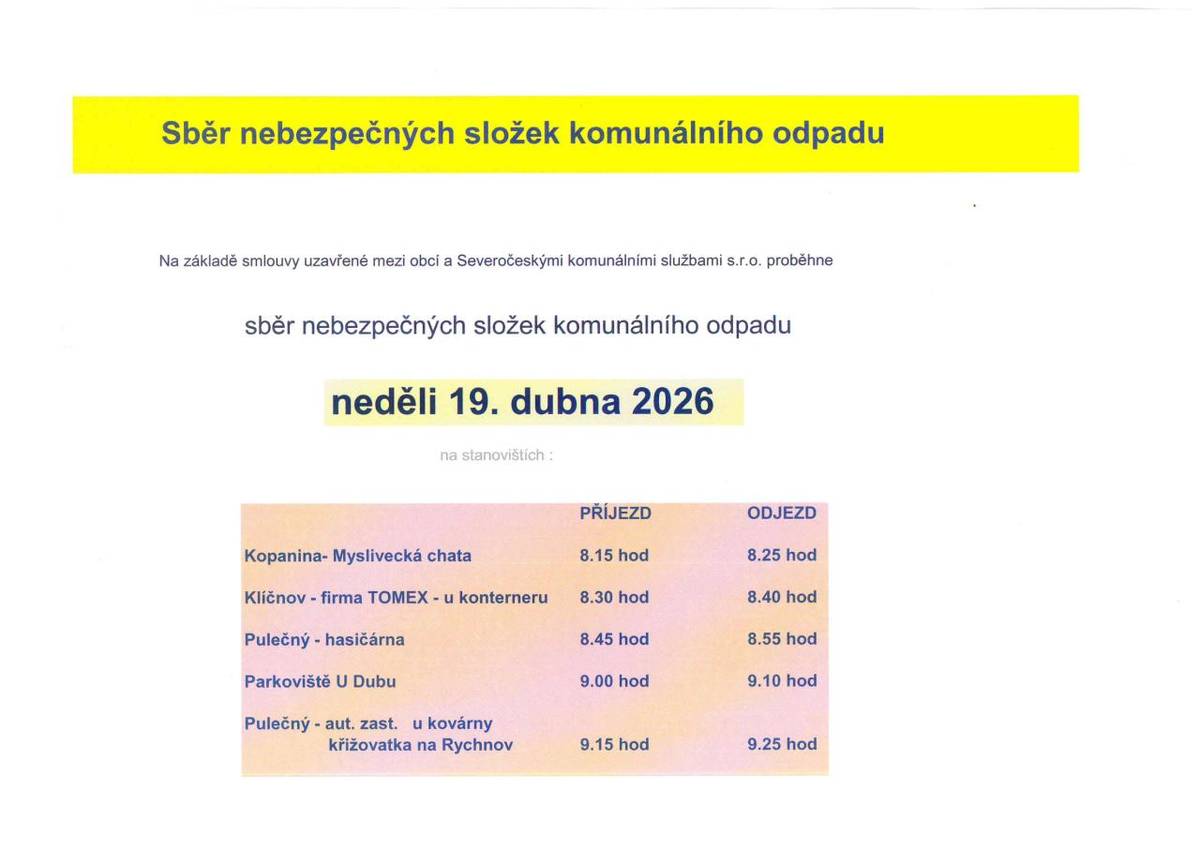 V neděli 19. dubna 2026 proběhne sběr nebezpečných složek komunálního odpadu.