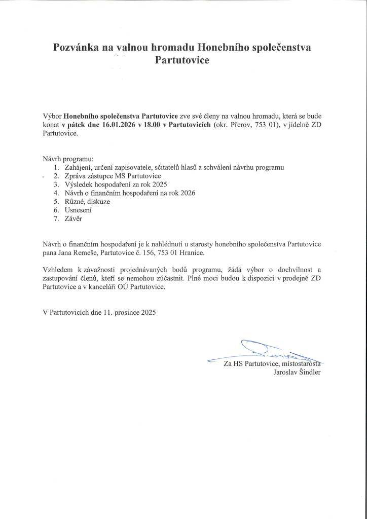 Pozvánka na valnou hromadu Honebního společenstva Partutovice