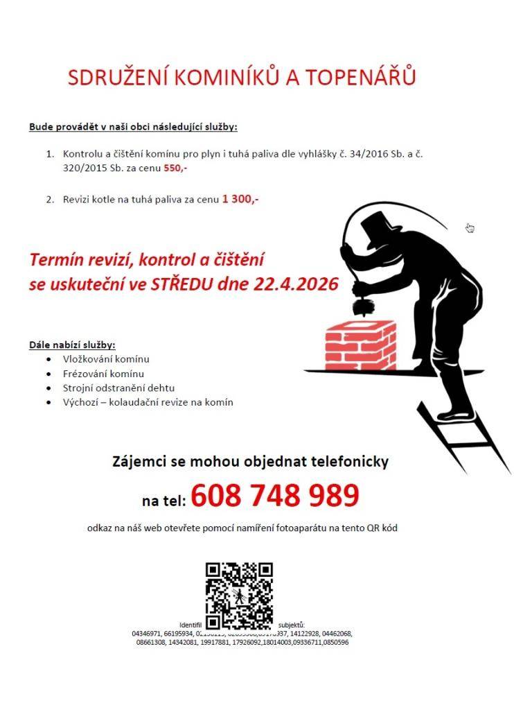 Nabídka na čištění a revize komínů ve středu 22.4.2026