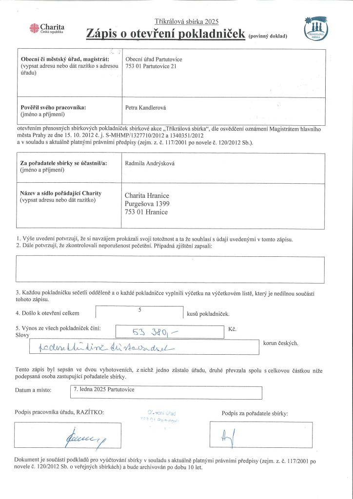 Výsledek Tříkrálové sbírky v Partutovicích