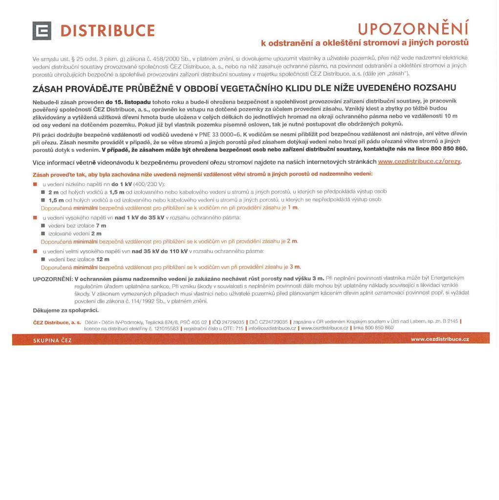 UPOZORŇENÍ k odstranění a okleštění stromoví a jiných porostů