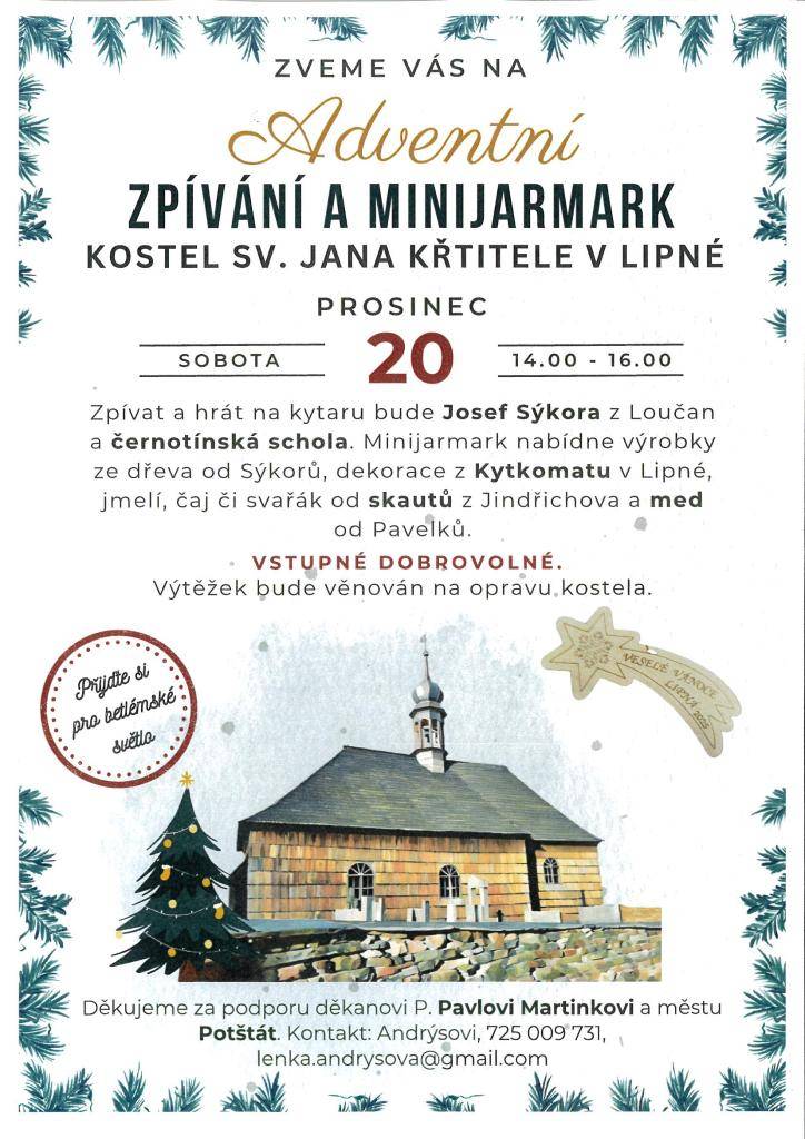 Pozvánka na adventní zpívání a minijarmark do kostela sv. Jana Křtitele v Lipné