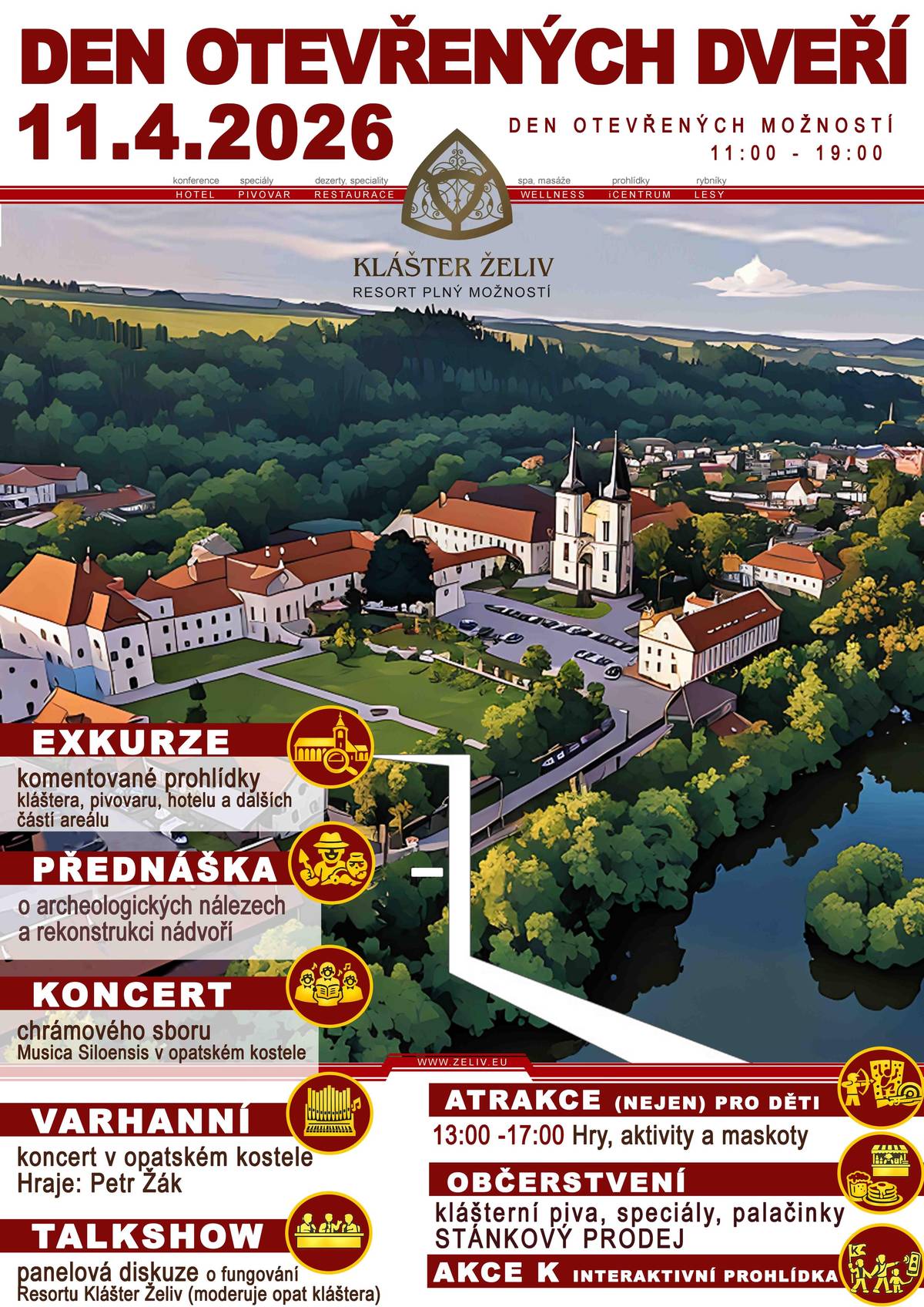 Den otevřených dveří V rámci dne otevřených dveří se uskuteční  v sobotu 11. dubna 2026 od 11:00 do 19:00 hod. komentované prohlídky kláštera, pivovaru, hotelu i dalších částí areálu. Těšit se můžete na koncert chrámového sboru, varhanní koncert, přednášku o rekonstrukci nádvoří i panelovou diskusi. Pro děti budou připraveny hry a doprovodný program od 13:00 do 17:00 hod. Po celý den bude zajištěno občerstvení, klášterní piva, speciality i stánky.