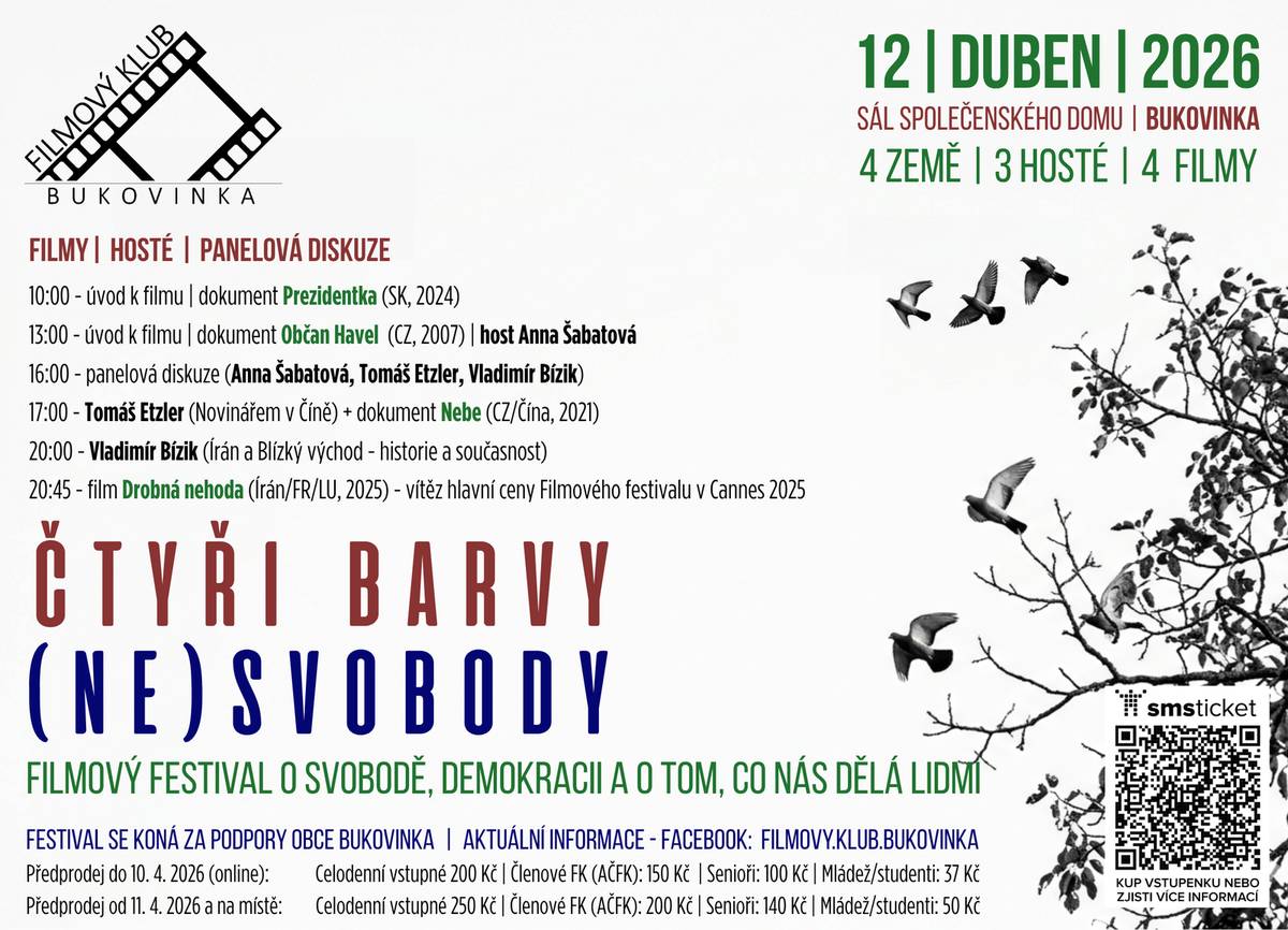 Drůbežárna Prace přijede zítra v 10.15 hodin prodávat: mladé kuřice a kohouty, slepice po roce snášky za 140 Kč, krmivo pro drůbež a králíky a dále pak bude vykupovat králičí kožky – cena 10Kč/ks. Zelenina Juvita Uherský Brod bude v pátek 10. dubna od 8.15 do 8.30 hodin, prodávat certifikované sadbové brambory z Vysočiny, sazenice jahod, cibuli, česnek, jablka, hrušky, konzumní brambory a další ovoce a zeleninu. Dále nabízí žampiony, hlívu ústřičnou, maďarskou čalamádu, olejové svíčky a med. Řidič přijímá objednávky na sadbové brambory na telefonním čísle : 777 897 272 Filmový klub Bukovinka zve naše občany v neděli 12. dubna na celodenní filmový festival ČTYŘI BARVY (NE)SVOBODY. Čeká vás den o svobodě, demokracii a o tom, co nás dělá lidmi. Bližší informace a podrobný harmonogram najdete na přiloženém plakátu.