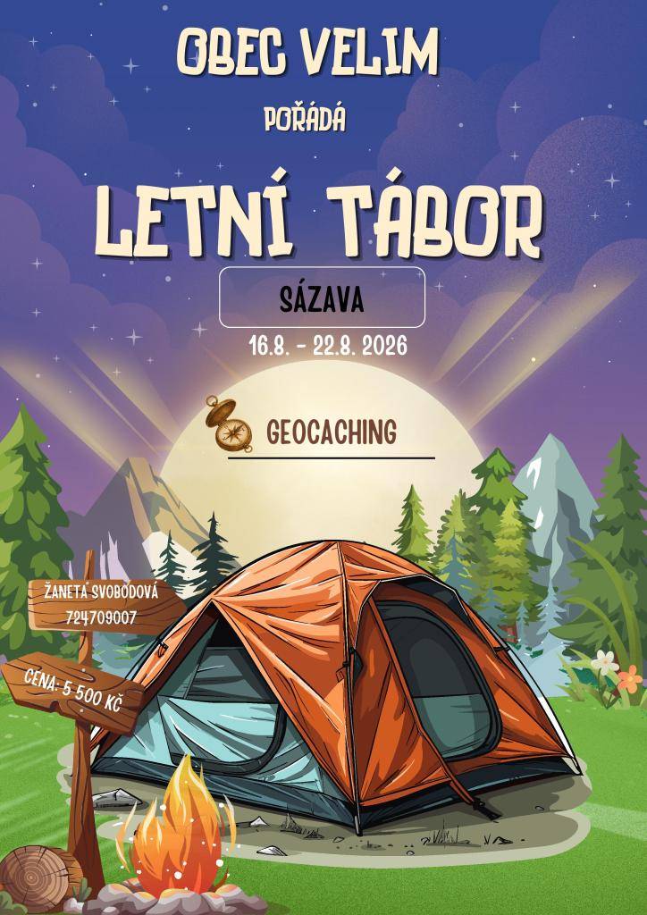 Obec Velim organizuje letní tábor pro mladé lidi, který se uskuteční v Sázavě od 16. do 22. srpna 2026. Program tábora je zaměřen na geocaching a nabídne účastníkům týden plný dobrodružství, her a pohybu v přírodě. Děti se zde naučí samostatnosti, orientaci v terénu a spolupráci v kolektivu. Cena za